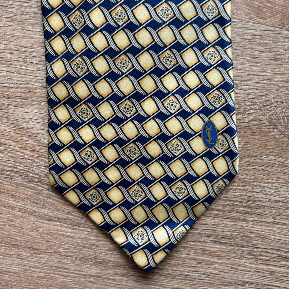 Yves Saint Laurent Mens Silk Tie Navy Gold Geometric Basketweave Vintage Italy